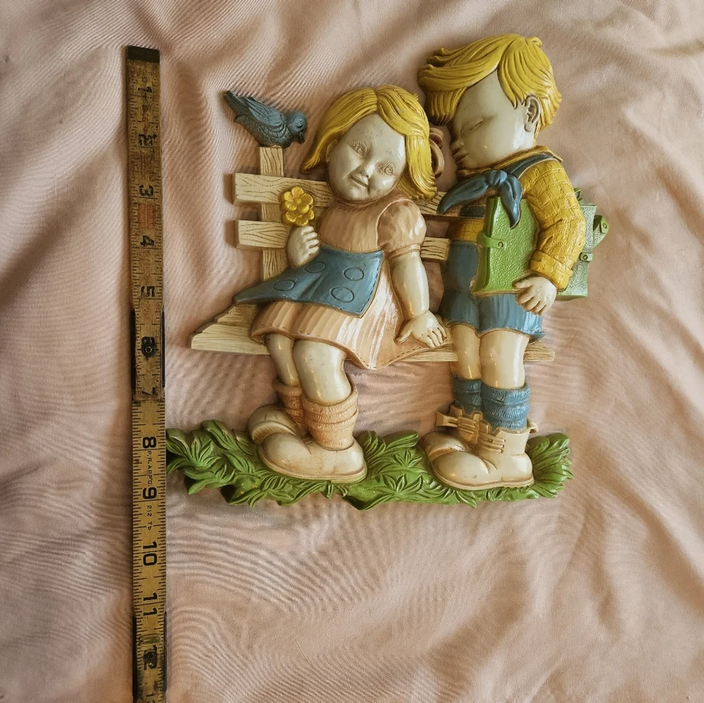 Vintage Wall Plaque with Children and Bird HOMCO 1977 Dart Plastics Decor